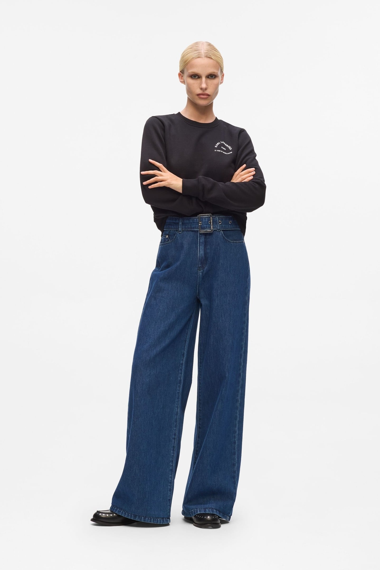 Karl Lagerfeld Belted Wide Leg Denim Pants Dark Blue Maat: W30 | Wijde Broeken Outlet | Dames | Blauw