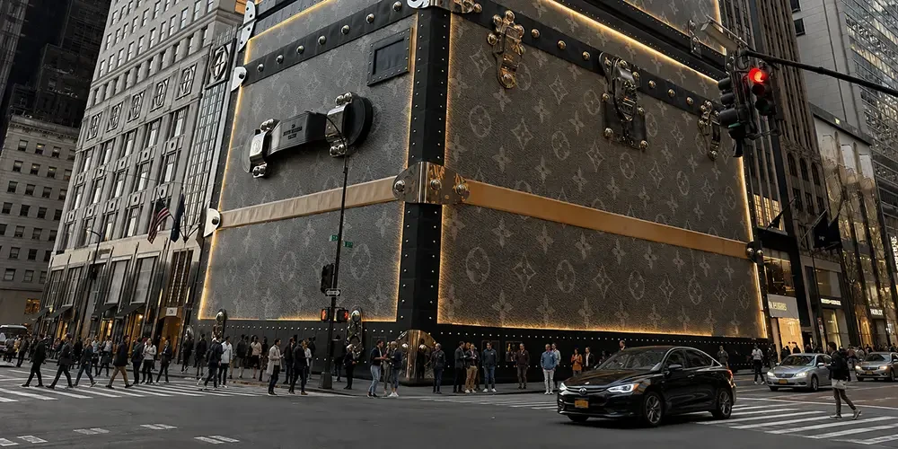 Louis Vuitton verpakt hele wolkenkrabber als gigantische koffer